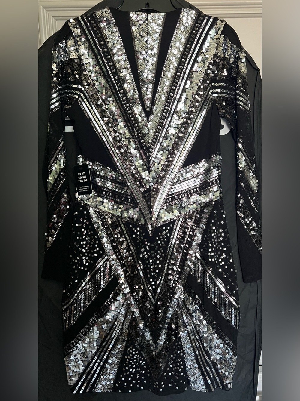 Express Mini Black Dress with Silver Sequin Geometric Design - Picture 3 of 3